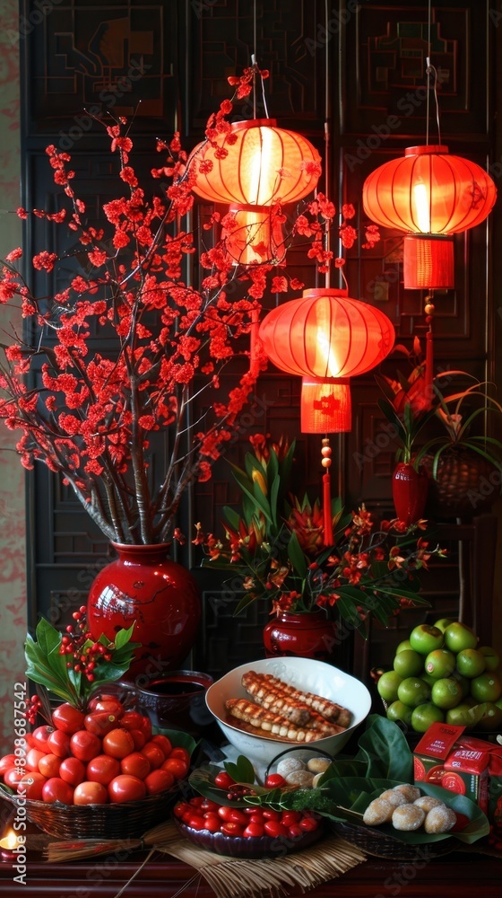 Vibrant display of red lanterns, fruits, and blossoms, embodying festive elegance and cultural significance in a rich arrangement. Vibrant display of red lanterns, fruits, and blossoms, embodying festive elegance and cultural significance in a rich arrangement.