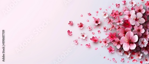 A backdrop of light blue, subtly dotted with pink, featuring a cluster of vibrant pink blooms, plus text or visual element space