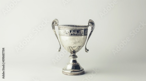 Shiny silver metal trophy with intricate detailing, standing proudly on a white background, ready to be awarded to the champion of the competition photo
