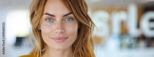  A tight shot of a woman's face against a softly blurred backdrop, with an indistinct wall behind her
