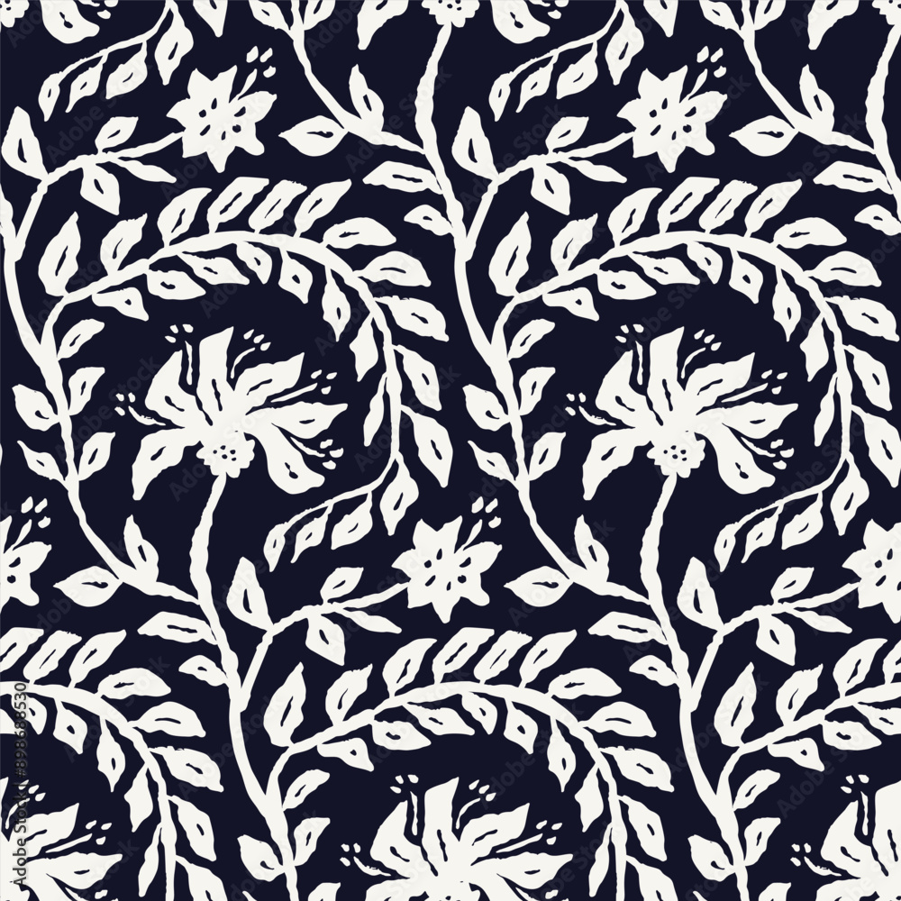 Monochrome black and white brush strokes inky flowers seamless pattern. Abstract floral contemporary background.