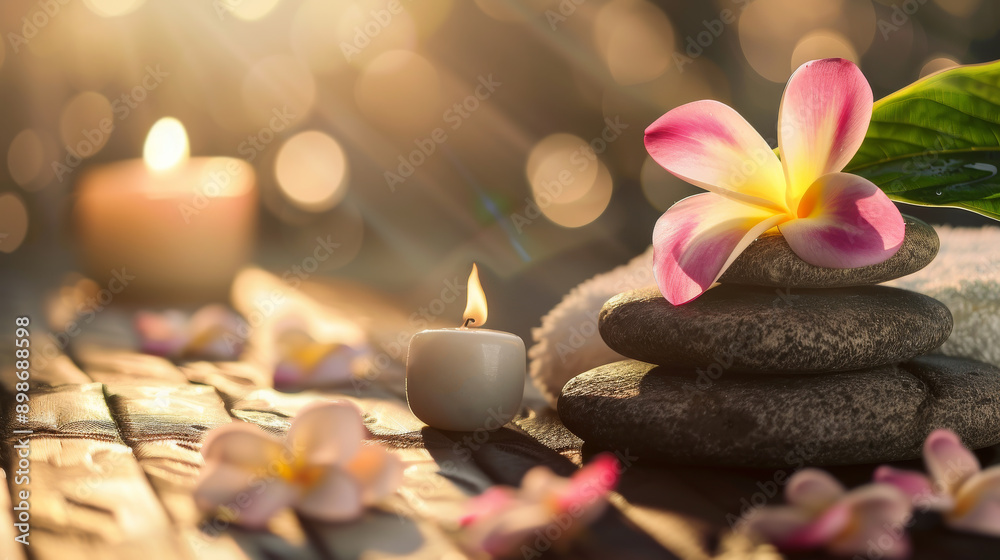 Spa still life with flowers orchids and burning aromatic candles. Copy space. 