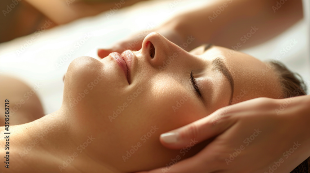 woman receiving a face massage session closeup in spa center with bokeh background woman receiving a face massage session closeup in spa center with bokeh background