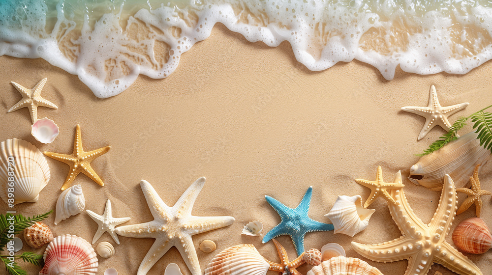 Naklejka premium sand and sea photorealistic top view starfish on sand with copy spacec4