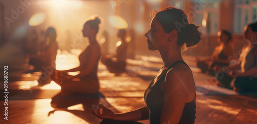 Group of woman in meditation practicing mindfulness and relaxation class in studio