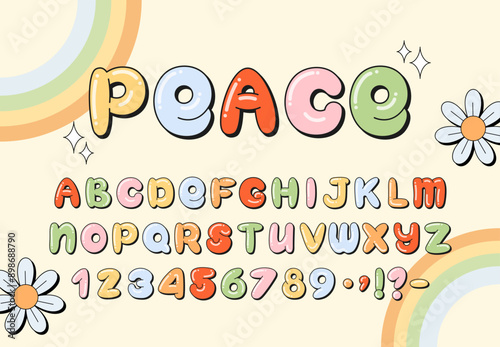 Groovy Alphabet, Vintage cartoon bubble alphabet with uppercase letters, numbers and punctuation in pastel colors. Display retro font with black stroke. Perfect for vintage designs, posters and logos.