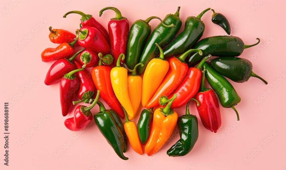 Top view of a variety of hot peppers creating a heart shape on a pastel pink background Top view of a variety of hot peppers creating a heart shape on a pastel pink background