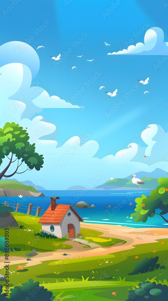 Fototapeta premium Cartoon Illustration of a House by the Sea on a Sunny Day