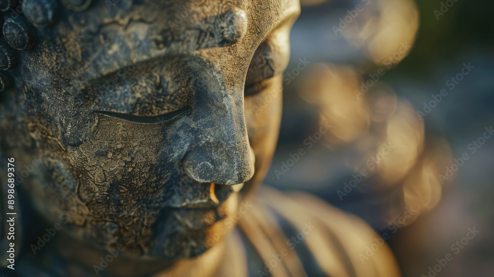 Close-up of detailed buddha statue face in focus with gentle bokeh and warm light Close-up of detailed buddha statue face in focus with gentle bokeh and warm light