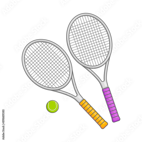Silver badminton rackets. Tennis racket with ball.