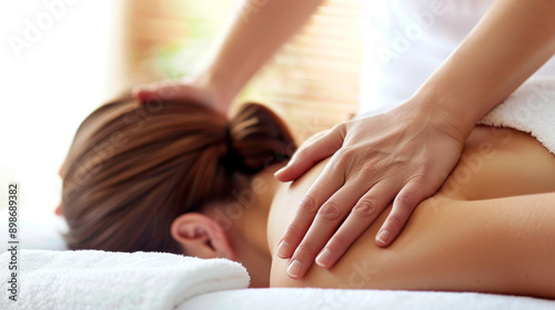 close up of hands making massage session in spa wellness center salon with bokeh background