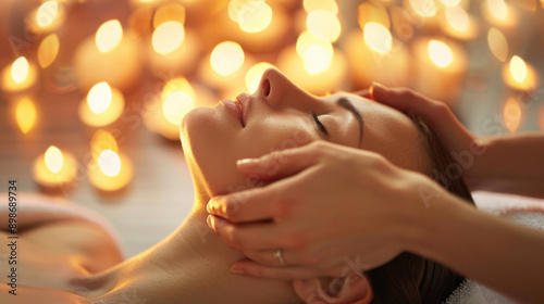 Wallpaper Mural woman receiving a face massage session closeup in spa center with bokeh background Torontodigital.ca