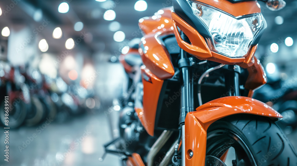 Fototapeta premium Modern, orange, polished motorcycle in showroom, close-up view of front, blurred background, motorcycle concept