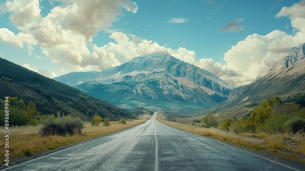 A deserted road stretching into the distance with majestic mountains in the backdrop, perfect for use as a scenic backdrop or for depicting isolation