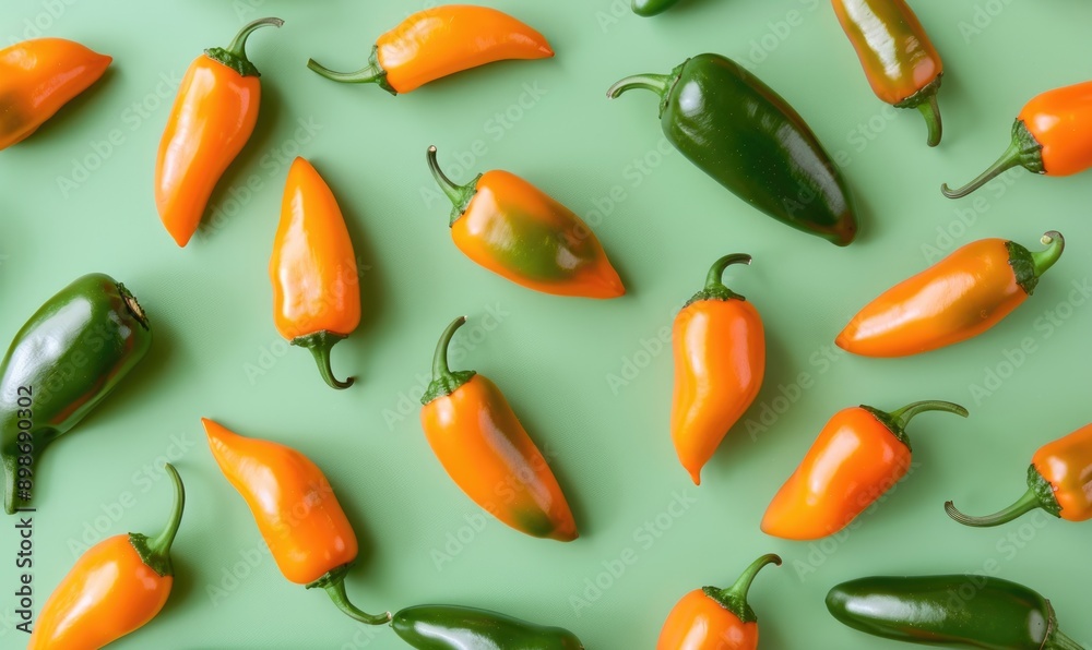 Top view of hot peppers scattered on a pastel green background Top view of hot peppers scattered on a pastel green background
