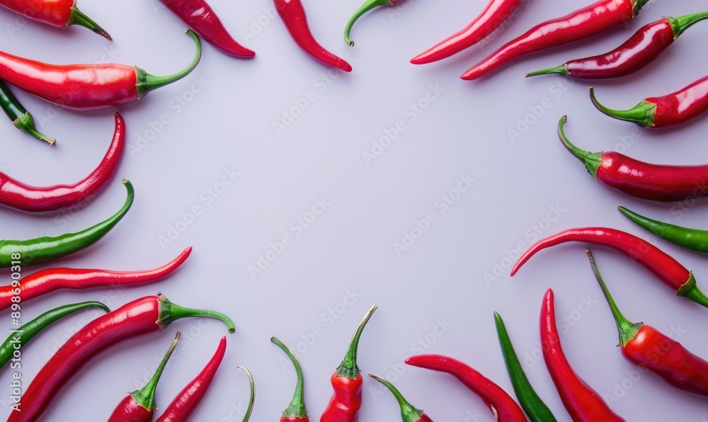 Top view of hot peppers scattered on a purple background Top view of hot peppers scattered on a purple background