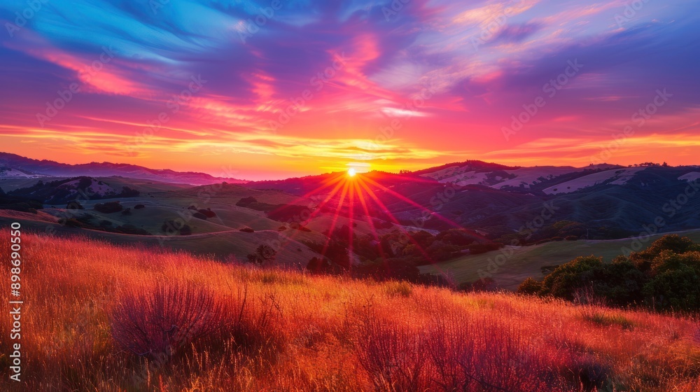 Obraz premium Illustration of a stunning panoramic view of the sunset over the hill. Ai generated image