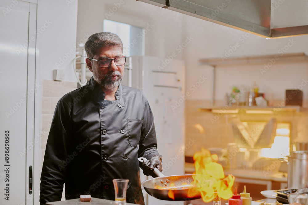 Highly skilled chef dressed in black uniform frying meal with fire in modern kitchen of popular restaurant Highly skilled chef dressed in black uniform frying meal with fire in modern kitchen of popular restaurant