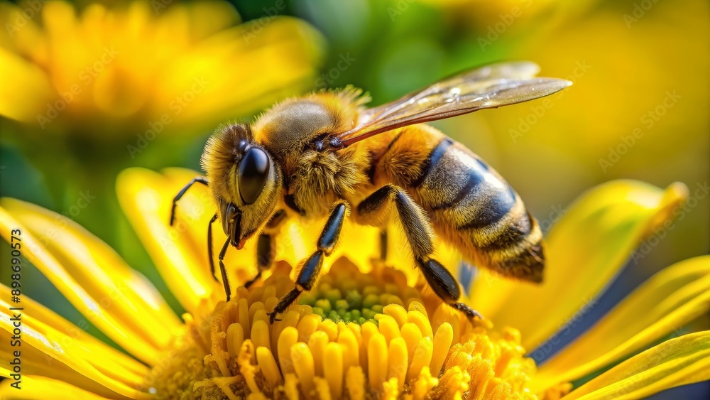 Honey Bee Gathering Pollen on a Bright Yellow Flower, Macro, Close Up, Nature, Insect, Flower Honey Bee Gathering Pollen on a Bright Yellow Flower, Macro, Close Up, Nature, Insect, Flower