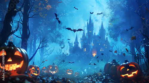 Halloween illustration with copyspace. Melted space for creative design. Liquid drop flows on halloween loop animation. Mystic pumpkins, ghost and castle in forest. Black bats flying