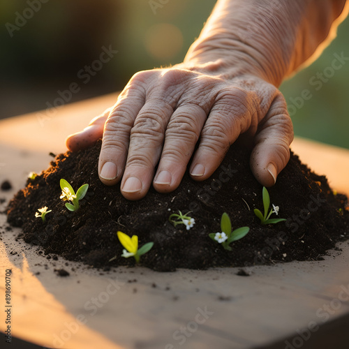 hand touching soil at farm, Human hand touching soil, soil at farm field. Agriculture, gardening or ecology concept. photo