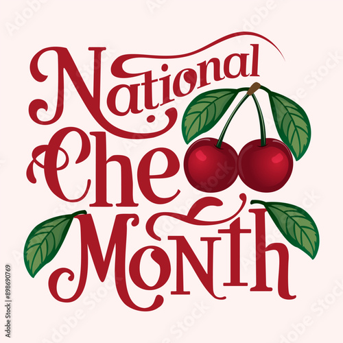 National Cherry Month February concept. Flyer, Poster or web banner vector illustration design with text and red cherries