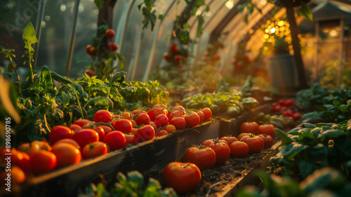 Lush tomato vines laden with plump, ripe fruits growing vigorously