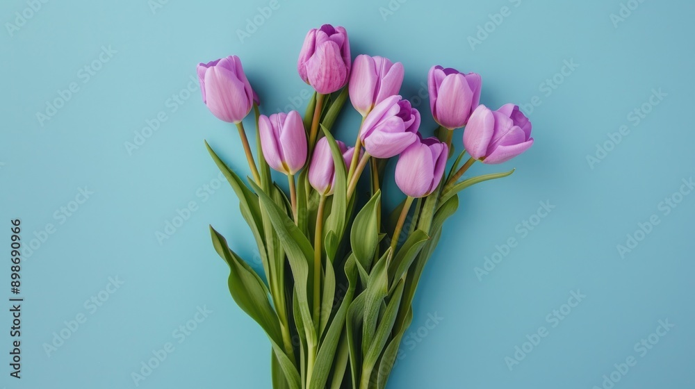Fototapeta premium Close up top view of violet tulips bouquet on blue backdrop