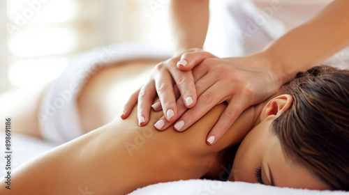 close up of hands making massage session in spa center salon with bokeh background