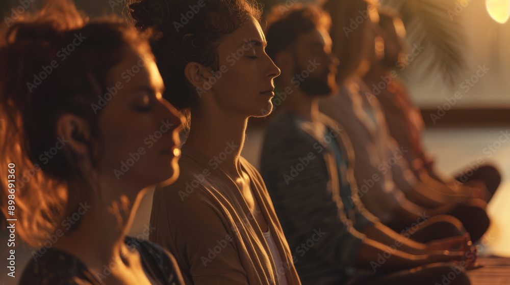 Obraz premium Group serene yoga meditation class on nature in morning golden warm light