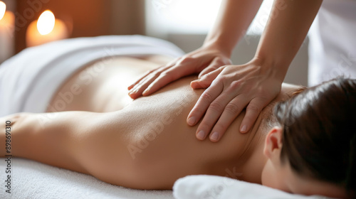 close up of hands making massage session in spa center salon with bokeh background