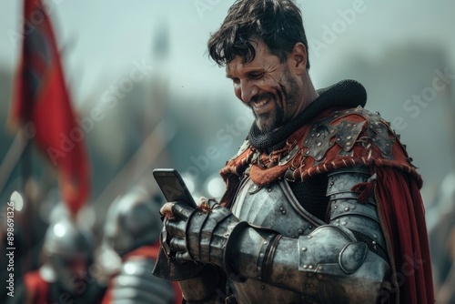 A medieval warrior holds a modern smartphone, blending ancient and modern worlds