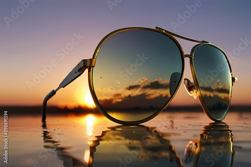 Sunglasses Sunset. Gold rimmed mirrored sunglasses reflecting sunset and airplane on a white background
