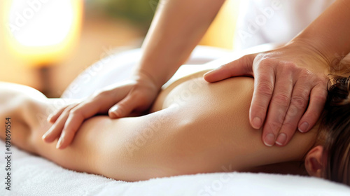 close up of hands making massage session in spa center salon with bokeh background