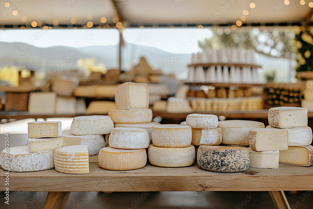 Fototapeta premium Various types of cheeses on wooden shelves.