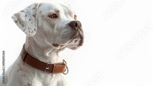 White dog with brown spots on its face and ears wearing a brown leather collar looking up on a white background