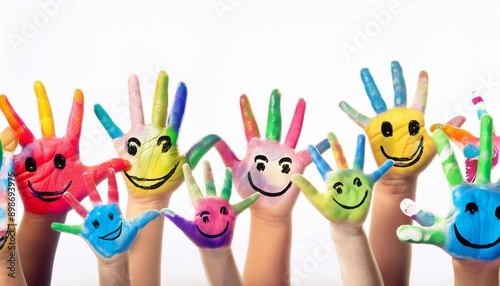 hands painted with smileys isolated on white background