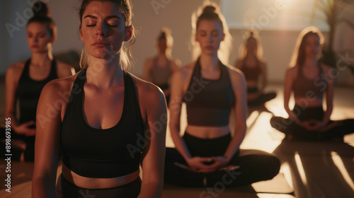 Group of woman practicing yoga meditation class in studio