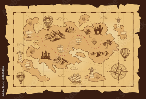 Old treasure map vector sketch. Hand drawn illustrations, vector.	
