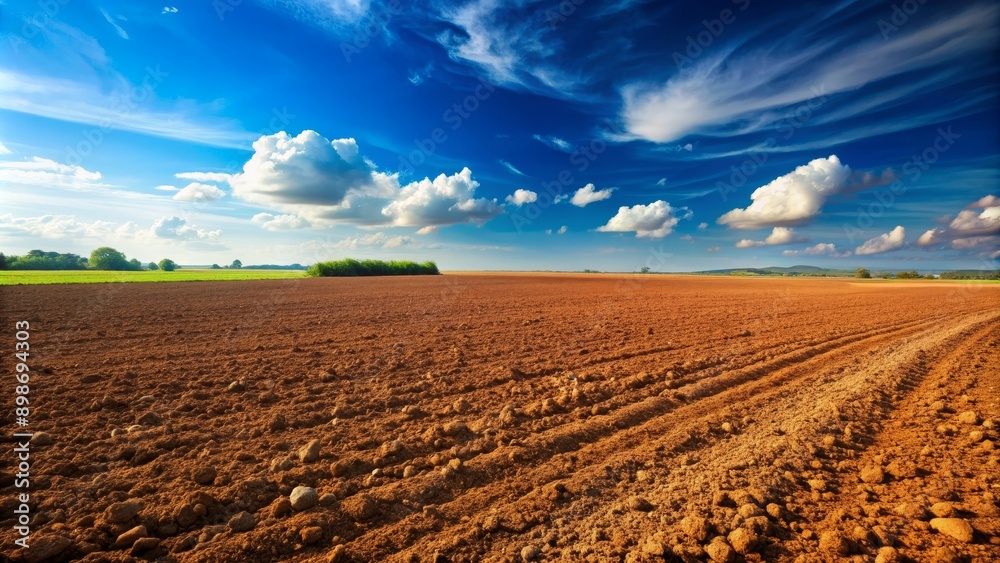 Plowed Field Under a Blue Sky with White Clouds, Landscape, Nature, Agriculture, Farmland Plowed Field Under a Blue Sky with White Clouds, Landscape, Nature, Agriculture, Farmland