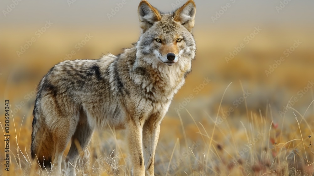 Cunning Coyote Hunting in Vast Prairie Landscape with Soft Blur Cunning Coyote Hunting in Vast Prairie Landscape with Soft Blur