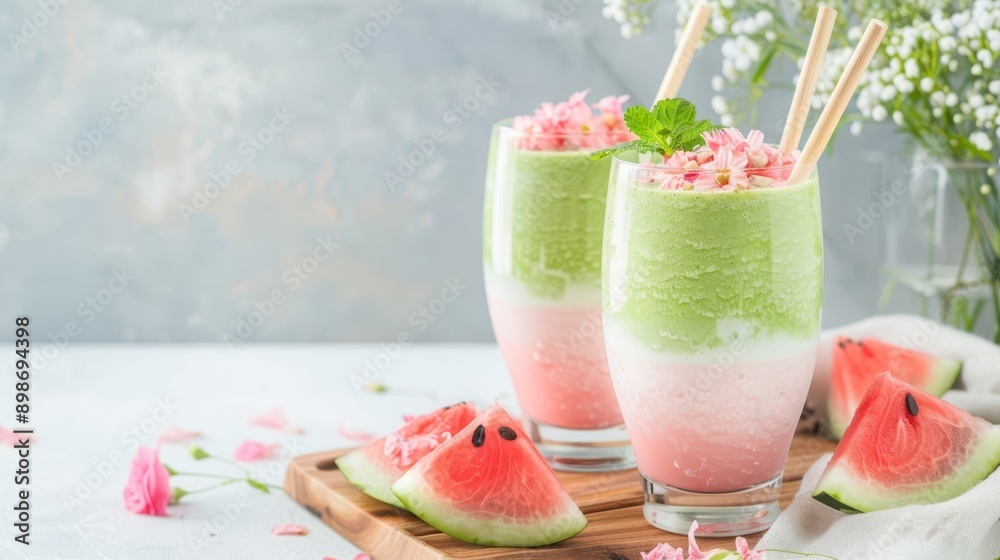 Refreshing watermelon mint drink in glasses with gold straws, perfect for summer refreshment. Light blue background. Refreshing watermelon mint drink in glasses with gold straws, perfect for summer refreshment. Light blue background.