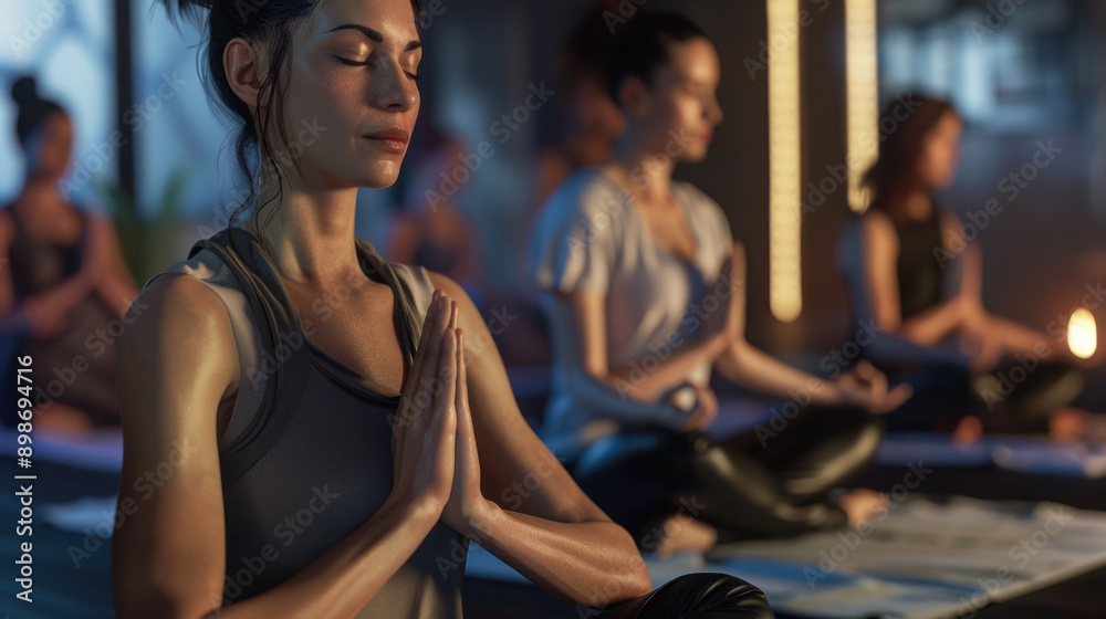 Group of woman with closed eyes in meditation practicing mindfulness and relaxation class in studio in morning sunrise with golden warm light Group of woman with closed eyes in meditation practicing mindfulness and relaxation class in studio in morning sunrise with golden warm light