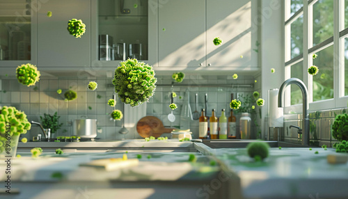 Green Kitchen Cleanliness: A modern, bright kitchen with a minimalist design features a scattering of green spheres, representing the concept of purity and cleanliness. The floating orbs add a whimsic photo