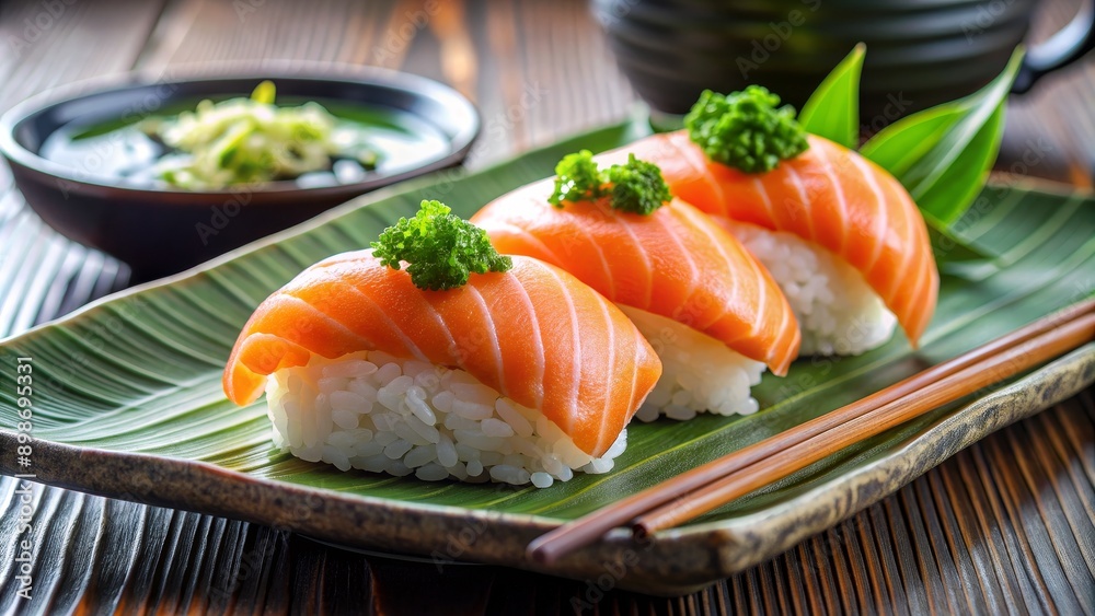 Salmon Nigiri Sushi on Green Leaf Plate with Chopsticks, Japanese Food, Sushi, Salmon, Nigiri Salmon Nigiri Sushi on Green Leaf Plate with Chopsticks, Japanese Food, Sushi, Salmon, Nigiri
