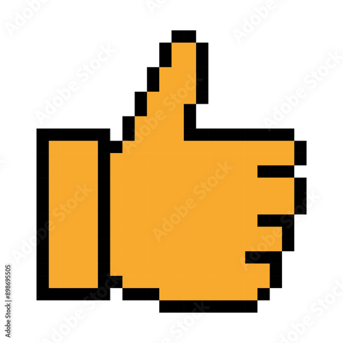 Hand pixel gesturing thumbs up symbol. Old school computer graphic style. Pixel art 8-bit. Isolated vector illustration.