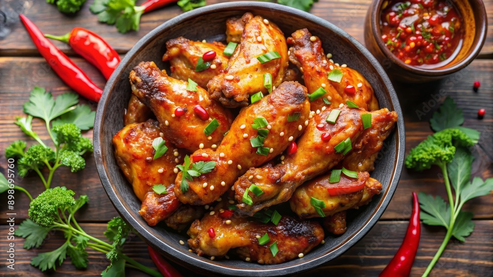 Spicy Glazed Chicken Wings in a Bowl with Chili Peppers and Sesame Seeds, chicken wings, spicy food, asian cuisine, recipe Spicy Glazed Chicken Wings in a Bowl with Chili Peppers and Sesame Seeds, chicken wings, spicy food, asian cuisine, recipe