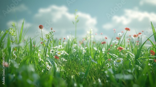 A peaceful meadow with blooming flowers and tall grass, free from any plastic bags or litter, highlighting the importance of environmental protection.