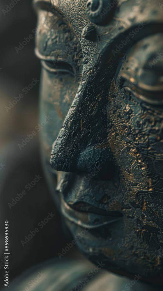 Fototapeta premium Close-up of detailed buddha statue face in focus with gentle bokeh and warm light