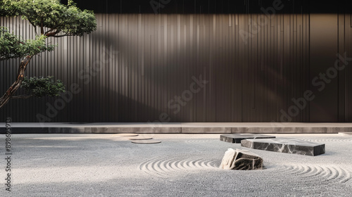 Tranquil Zen garden with manicured trees and raked gravel - serene Japanese landscape design